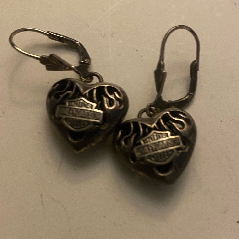 Harley Davidson Flaming Heart Earrings NEED CLEANING! Sterling Silver